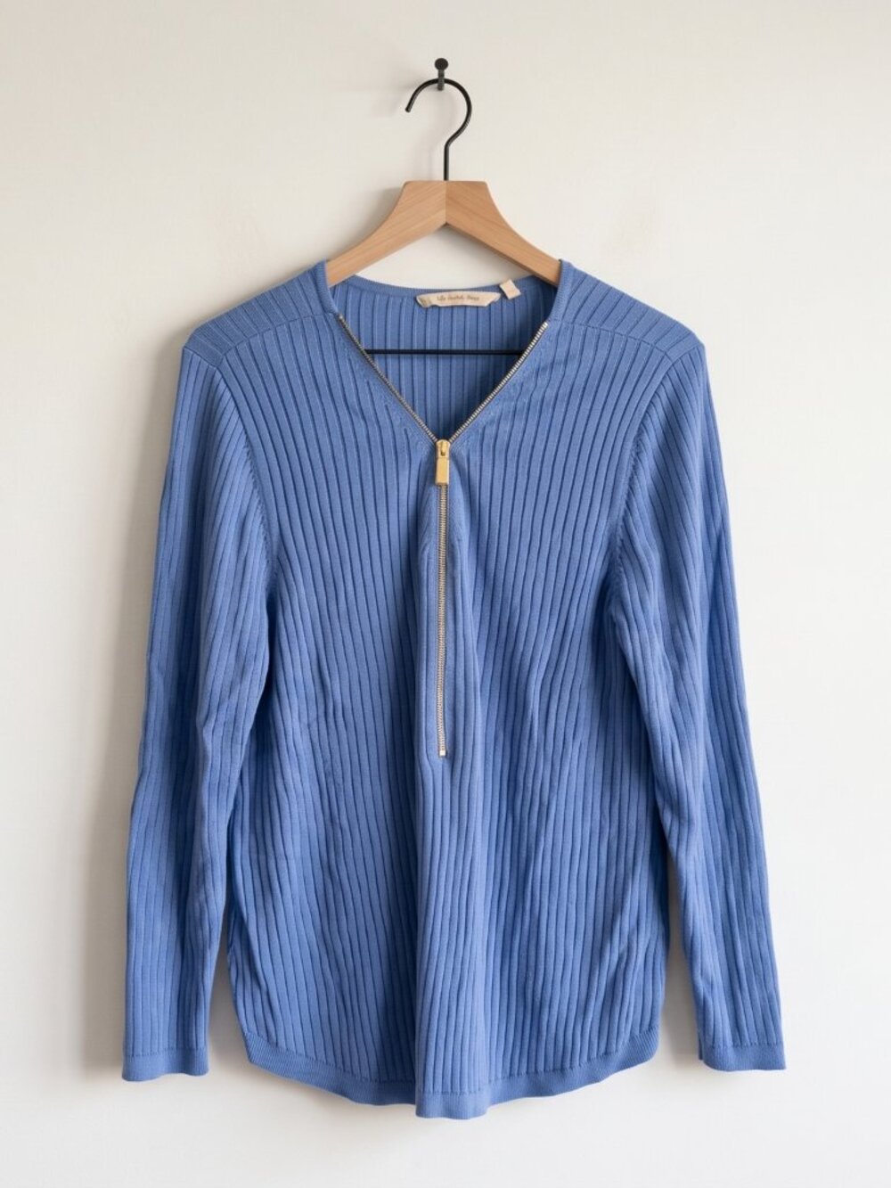 Soft Surroundings Blue Ribbed V-Neck Gold 1/2 Zip Front Sweater XL
